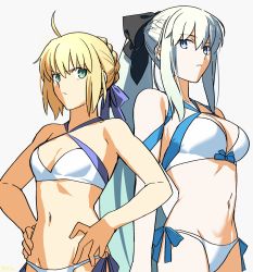 Rule 34 | 2girls, ahoge, arms at sides, artoria pendragon (fate), bikini, black ribbon, blonde hair, blue eyes, blue ribbon, braid, breasts, chietori, cowboy shot, crown braid, expressionless, fate/grand order, fate (series), french braid, frown, green eyes, groin tendon, hair ribbon, hands on own hips, highres, large breasts, looking at another, morgan le fay (fate), multiple girls, navel, ribbon, shaded face, siblings, sisters, small breasts, swimsuit, white background