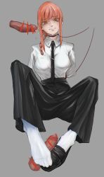 Rule 34 | 1girl, @ @, artist request, bad id, bad pixiv id, bar censor, black neckwear, black tie, censored, chainsaw man, collar, collared shirt, cum, cum on clothes, cum string, facial, foot focus, footjob, formal, full body, grey background, highres, leash, looking at viewer, makima (chainsaw man), pants, penis, red hair, shirt, shoejob, simple background, socks, solo focus, tagme, yellow eyes