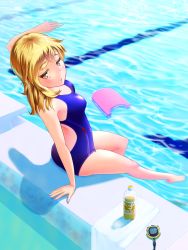 Rule 34 | 1girl, arm support, barefoot, blonde hair, bottle, competition swimsuit, highres, kickboard, legs, long hair, looking back, one-piece swimsuit, original, pool, poolside, shadow, sitting, solo, swimsuit, water, water bottle, yellow eyes
