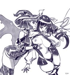 Rule 34 | 2girls, arc system works, areola slip, asymmetrical wings, bad id, bad twitter id, blush, breasts, center opening, commentary, detached sleeves, dizzy (guilty gear), dress, english commentary, fingerless gloves, gloves, greyscale, guilty gear, guilty gear xx, hair ribbon, hair rings, hat, highleg, highleg panties, i-no, inktober, large breasts, long hair, marker (medium), microdress, monochrome, multiple girls, nipples, no bra, o-ring, one breast out, optionaltypo, over-kneehighs, panties, revealing clothes, ribbon, short hair, skindentation, tail, tail ornament, tail ribbon, thick thighs, thigh strap, thighhighs, thighs, traditional media, underwear, wince, wings, witch hat, yuri