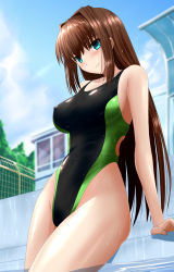 Rule 34 | 1girl, aozaki aoko, black one-piece swimsuit, blue sky, blurry, brown hair, building, cloud, commentary request, competition swimsuit, cowboy shot, day, depth of field, covered erect nipples, fence, from below, green eyes, highleg, highleg swimsuit, highres, long hair, mahou tsukai no yoru, one-piece swimsuit, outdoors, sky, solo, swimsuit, water, yuuk33