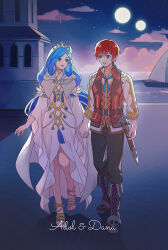 Rule 34 | 1boy, 1girl, adol christin, belt, belt buckle, black eyes, black pants, blue hair, boots, brown belt, buckle, cape, character name, cloud, commentary, dana (ys), dress, english commentary, green eyes, hair ornament, highres, holding hands, long hair, long sleeves, looking at another, moon, night, night sky, ocean, outdoors, pants, red footwear, red hair, rutiwa, sandals, sheath, sheathed, short hair, sky, sword, toes, very long hair, weapon, white cape, white dress, ys, ys viii lacrimosa of dana