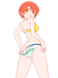 Rule 34 | 10s, 1girl, adjusting clothes, adjusting swimsuit, ass, bikini, blush, butt crack, cowboy shot, from behind, hoshizora rin, kikuchi tsutomu, looking at viewer, looking back, love live!, love live! school idol festival, love live! school idol project, multicolored bikini, multicolored clothes, multicolored stripes, open mouth, orange hair, short hair, smile, solo, standing, striped bikini, striped clothes, swimsuit, trefoil, white background, yellow eyes