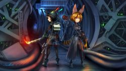 Rule 34 | 10s, 2girls, alternate costume, animal ears, backpack, bag, black gloves, black hair, black legwear, blonde hair, blue eyes, boots, clothing cutout, coat, commentary request, cyberpunk, extra arms, extra ears, gloves, gun, hat, hat feather, high heels, highres, kaban (kemono friends), kemono friends, mechanical arms, multiple girls, overcoat, pantyhose, pantyhose under shorts, rope, serval (kemono friends), serval tail, short hair, shorts, signature, single mechanical arm, striped tail, tail, tail through clothes, thighhighs, torch, weapon, welt (kinsei koutenkyoku), yellow eyes