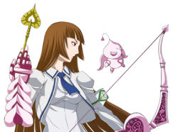 Rule 34 | 00s, 1girl, 1other, angel gozen (character), angel gozen (weapon), arrow (projectile), bow (weapon), brown eyes, brown hair, busou renkin, creature, floating, hayasaka ouka, long hair, lowres, school uniform, simple background, upper body, weapon, white background
