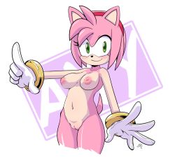 Rule 34 | 1girl, amy rose, animal ears, animal nose, bangle, bichosan, blush, bracelet, breasts, censored, character name, cleft of venus, commentary, english commentary, furry, furry female, gloves, green eyes, hairband, heart, heart censor, hedgehog ears, hedgehog girl, hedgehog tail, inverted nipples, jewelry, looking at viewer, navel, nipples, pink fur, pink hair, pointing, pussy, red hairband, short hair, simple background, smile, solo, sonic (series), standing, tail, white background, white gloves