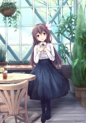 Rule 34 | 10s, 1girl, absurdres, artist name, bad id, bad pixiv id, black footwear, black pantyhose, black skirt, blouse, blue pantyhose, brown eyes, brown hair, center frills, chair, chamu (chammkue), cup, dress, drink, drinking glass, drinking straw, flower pot, food, frills, fruit, glass, hair ornament, hand on own chest, head tilt, high-waist skirt, highres, indoors, kantai collection, kisaragi (kancolle), lemon, lemon slice, long hair, long sleeves, looking at viewer, meme attire, own hands together, pantyhose, parted lips, plant, potted plant, scenery, shirt, shoes, signature, skirt, solo, standing, table, virgin killer outfit, w arms, white shirt, window