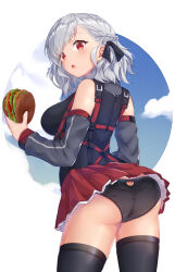 Rule 34 | 1girl, absurdres, ass, bare shoulders, black jacket, black panties, black ribbon, black thighhighs, blush, braid, breasts, burger, commentary request, day, detached sleeves, food, from behind, from below, girls&#039; frontline, grey shirt, grey sleeves, hair ribbon, highres, holding, holding food, jacket, large breasts, long sleeves, looking at viewer, looking back, miniskirt, open mouth, panties, pleated skirt, ponta (velmar), red eyes, red skirt, ribbon, shirt, silver hair, skirt, solo, spas-12 (girls&#039; frontline), thighhighs, underwear