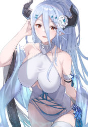 Rule 34 | 1girl, bare shoulders, blush, breasts, clothing cutout, collarbone, draph, flower, granblue fantasy, hair between eyes, hair flower, hair ornament, highres, horns, izmir, izmir (summer) (granblue fantasy), large breasts, long hair, looking at viewer, navel, navel cutout, one-piece swimsuit, open mouth, pointy ears, ponytail, raitho, red eyes, sash, silver hair, smile, swimsuit, thighs, very long hair, white one-piece swimsuit