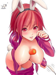 Rule 34 | 1girl, animal ears, between breasts, blush, breasts, carrot, cattail, clothes pull, female focus, hairband, highres, large breasts, looking at viewer, neginegio, nipples, open clothes, open mouth, open shirt, original, panties, pants, pants pull, panty pull, plant, rabbit ears, rabbit tail, red eyes, red hair, shirt, short hair, simple background, smile, solo, tail, track suit, underwear