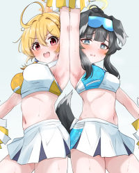 Rule 34 | 2girls, ahoge, animal ears, armpits, black hair, blonde hair, blue archive, blue eyes, blush, braid, breasts, cheerleader, crop top, dog ears, dog girl, dog tail, eyewear on head, goggles, goggles on head, gradient background, grey background, halo, hibiki (blue archive), hibiki (cheer squad) (blue archive), highres, holding, holding pom poms, kotori (blue archive), kotori (cheer squad) (blue archive), long hair, looking at viewer, machismo fuji, medium breasts, midriff, millennium cheerleader outfit (blue archive), miniskirt, multiple girls, navel, open mouth, pleated skirt, pom pom (cheerleading), pom poms, red eyes, shirt, skirt, sleeveless, smile, sticker on face, sweat, tail, wet, white skirt