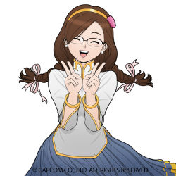 Rule 34 | ^ ^, alternate hair length, alternate hairstyle, bespectacled, blue skirt, braid, brown hair, capcom, chinese clothes, chun-li, closed eyes, commentary request, double v, earrings, flower, glasses, gold hairband, hair flower, hair ornament, hair ribbon, hairband, jewelry, long hair, long skirt, low-tied long hair, official alternate costume, over-rim eyewear, pink ribbon, ribbon, semi-rimless eyewear, skirt, street fighter, street fighter v, swept bangs, takayuki nakayama, teeth, twin braids, upper teeth only, v, white background, wide sleeves