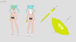 Rule 34 | 1girl, aqua eyes, aqua hair, bare arms, bare legs, bare shoulders, character name, character sheet, clenched hands, copyright name, cropped hoodie, double bun, english text, flame print, flat color, gloves, goodsmile racing, green gloves, grey background, hair between eyes, hair bun, hatsune miku, highres, hood, hoodie, micro shorts, midriff, multiple views, navel, neco, official art, parasol, racing miku, racing miku (2022), revealing clothes, shorts, sidelocks, simple background, smiley face, standing, stomach, tan, turnaround, twintails, two-tone gloves, umbrella, vocaloid, white gloves