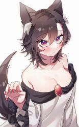 Rule 34 | 1girl, absurdres, animal ear fluff, animal ears, breasts, brown hair, cleavage, from behind, hand up, haruwaka 064, highres, imaizumi kagerou, large breasts, nail polish, red nails, short hair, simple background, solo, tail, touhou, white background, wolf ears, wolf tail