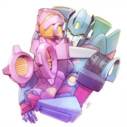 Rule 34 | 1boy, 1girl, autobot, commentary, english commentary, from behind, hug, looking down, nautica (transformers), skids (transformers), the transformers (idw), transformers, upper body, wheel, yellow eyes, zoner
