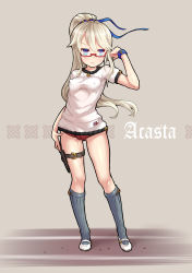 Rule 34 | 1girl, acasta (warship girls r), alternate costume, blue eyes, blue ribbon, blush, breasts, buruma, cameltoe, character name, covered navel, full body, glasses, grey background, grey socks, hair between eyes, hair ribbon, hand on own hip, highres, kneehighs, knife, long hair, looking to the side, parted lips, ponytail, red-framed eyewear, ribbon, ruffling hair, sheath, shirt, shoes, short sleeves, sirills, small breasts, socks, solo, standing, sweat, text focus, thigh strap, union jack, warship girls r, white ensign, white footwear, white hair, white shirt, wristband