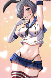 Rule 34 | absurdres, arm up, armpits, blue eyes, breasts, chocolate, chocolate on clothes, chocolate on face, cosplay, elbow gloves, food, food on face, gloves, grey hair, hamakaze (kancolle), highres, kantai collection, large breasts, mizuki (uzuki no sato), navel, one eye covered, shimakaze (kancolle), shimakaze (kancolle) (cosplay), thighs, valentine, white gloves