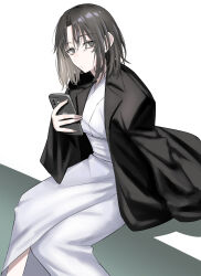 Rule 34 | 1girl, absurdres, black eyes, black hair, cellphone, commentary request, egomeshi, hair intakes, highres, holding, holding phone, iphone, jacket, japanese clothes, kara no kyoukai, kimono, long sleeves, looking at viewer, open clothes, open jacket, phone, ryougi shiki, sash, short hair, sitting, smartphone, solo, white kimono