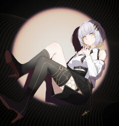 Rule 34 | 1girl, asymmetrical footwear, bare shoulders, black footwear, black necktie, black skirt, boots, breasts, closed mouth, collared shirt, full body, grey hair, hachi (live union), high heel boots, high heels, highres, jacket, knee boots, live union, long sleeves, looking at viewer, medium breasts, necktie, off shoulder, open clothes, open jacket, own hands together, ru yan, shirt, short hair, single knee boot, single thigh boot, skirt, solo, spotlight, thigh boots, virtual youtuber, white jacket, white shirt, yellow eyes