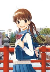 Rule 34 | 1girl, ahoge, bag, beige vest, bench, black eyes, blue sailor collar, blue skirt, blunt bangs, brick wall, bridge, brown hair, building, charm (object), dot nose, eyelashes, facing viewer, flat chest, grass, hair tie, happy, highres, house, kawamoto hinata, light blush, long hair, long sleeves, looking back, open mouth, outdoors, pleated skirt, railing, red ribbon, reflection, ribbon, river, sailor collar, sangatsu no lion, school bag, school uniform, skirt, smile, solo, teeth, tree, twintails, umino chika, upper body, upper teeth only, vest, wall, water, window, zipper