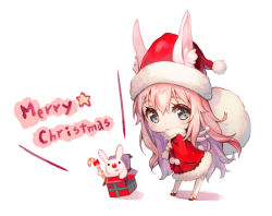 Rule 34 | 1girl, animal ears, bad id, bad pixiv id, blue eyes, blush, rabbit, rabbit ears, candy, candy cane, chibi, food, hair between eyes, hat, holding, long hair, looking at viewer, merry christmas, open mouth, original, pierorabu, pink hair, sack, santa costume, santa hat, simple background, solo, tareme, white background
