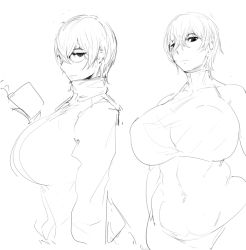 Rule 34 | 1girl, abs, book, breasts, covered erect nipples, female focus, holding, holding book, huge breasts, jacket, kunaboto, kurogane chichiushi, looking at viewer, looking to the side, monochrome, original, puffy areolae, shirt, short hair, sideboob, sketch, sleeveless, sleeveless shirt, sportswear, track jacket, white background