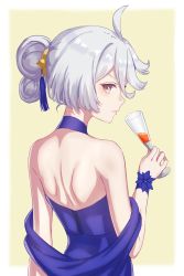 Rule 34 | 1girl, absurdres, ahoge, backless dress, backless outfit, bare shoulders, blue dress, border, closed mouth, commentary request, cup, double bun, dress, drinking glass, grey eyes, grey hair, gundam, gundam suisei no majo, hair bun, hair ornament, halter dress, halterneck, highres, holding, holding cup, looking at viewer, looking back, miorine rembran, nonoa-cg, outside border, solo, upper body, white border, wrist flower
