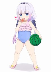 Rule 34 | 1girl, beads, blue eyes, casual one-piece swimsuit, covered navel, crab, food, frilled one-piece swimsuit, frilled swimsuit, frills, fruit, full body, hair beads, hair ornament, hairband, hiro hiroki, kanna kamui, kobayashi-san chi no maidragon, light purple hair, low twintails, one-piece swimsuit, pink hair, purple one-piece swimsuit, sandals, simple background, solo, standing, swimsuit, twintails, watermelon, white background
