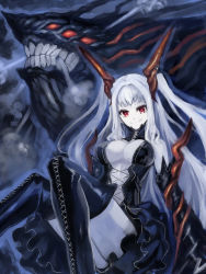 Rule 34 | 1girl, bare shoulders, barefoot, black thighhighs, breasts, detached sleeves, edobox, large breasts, long hair, looking at viewer, monster, original, red eyes, smile, solo, thighhighs, two side up, white hair