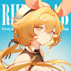 Rule 34 | 1girl, animal ears, arknights, bare shoulders, blonde hair, blue background, breasts, chinese commentary, cleavage, commentary request, dorothy (arknights), english text, frown, gradient background, hat, indai (3330425), long hair, looking at viewer, mouse ears, mouse girl, ponytail, portrait, solo, upper body, white hat, yellow eyes