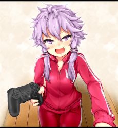 Rule 34 | 1girl, alternate costume, controller, fang, game controller, hair between eyes, hair ornament, holding, long sleeves, looking at viewer, low twintails, messy hair, open mouth, playstation controller, purple eyes, purple hair, red track suit, short hair with long locks, smile, solo, track suit, twintails, vocaloid, voiceroid, wooden floor, yarareimu, yuzuki yukari, zipper, zipper pull tab