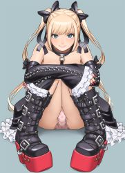Rule 34 | 1girl, bare shoulders, black ribbon, blonde hair, blue background, blue eyes, boots, closed mouth, collar, dead or alive, detached sleeves, frills, gothic lolita, hair ribbon, highres, lolita fashion, long hair, looking at viewer, marie rose, panties, platform boots, platform footwear, revision, ribbon, shigenobu, sidelocks, simple background, sitting, smile, solo, striped clothes, striped panties, twintails, underwear