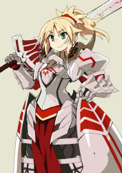 Rule 34 | &gt;:), 1girl, armor, blonde hair, braid, breastplate, clarent (fate), closed mouth, fate/apocrypha, fate (series), french braid, gauntlets, green eyes, hair ornament, hair scrunchie, holding, holding sword, holding weapon, medium hair, mordred (fate), mordred (fate/apocrypha), n36hoko, over shoulder, pauldrons, ponytail, red scrunchie, scrunchie, shoulder armor, solo, sword, v-shaped eyebrows, weapon, weapon over shoulder