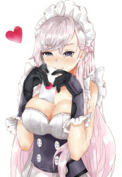 Rule 34 | 1girl, azur lane, bare shoulders, belfast (azur lane), black gloves, blush, breasts, buttons, cleavage, corset, double-breasted, dress, elbow pads, frilled gloves, frills, gloves, half-closed eyes, heart, highres, holding, holding letter, large breasts, letter, long hair, looking at viewer, love letter, pink hair, piukute062, simple background, sleeveless, sleeveless dress, solo, swept bangs, upper body, very long hair, white background, white dress