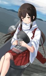 Rule 34 | 1girl, akagi (kancolle), blush, brown hair, cup, day, holding, holding cup, hot drink, kantai collection, light brown hair, long hair, outdoors, sidelocks, sitting, smile, solo, steam, untue