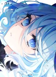 Rule 34 | 1girl, 58 (opal 00 58), absurdres, air bubble, ascot, black ascot, blue ascot, blue brooch, blue eyes, blue hair, bubble, close-up, drop-shaped pupils, eyelashes, furina (genshin impact), genshin impact, hair between eyes, heterochromia, highres, light blue hair, looking at viewer, multicolored hair, parted lips, portrait, sidelocks, sideways, solo, streaked hair, symbol-shaped pupils, two-tone hair, water drop, white background