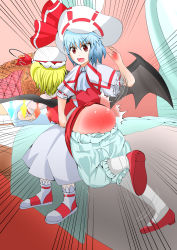 Rule 34 | 2girls, aospanking, ass, bat wings, bed, blonde hair, bloomers, bloomers pull, blue hair, brown eyes, butt crack, clothes lift, flandre scarlet, highres, multiple girls, on lap, open mouth, red ass, remilia scarlet, sitting, skirt, skirt lift, spanked, spanking, touhou, underwear, white footwear, wings