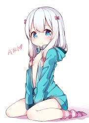 Rule 34 | 10s, 1girl, between legs, blue eyes, blush, bow, breasts, commentary request, darnell, eromanga sensei, hair bow, hair ribbon, highres, hood, hoodie, izumi sagiri, jacket, long hair, looking at viewer, ribbon, silver hair, simple background, sitting, small breasts, solo, unzipped, v arms, wariza, white background