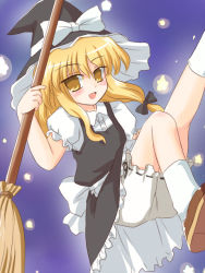 Rule 34 | 1girl, blonde hair, bloomers, broom, dress, female focus, gradient background, hair ribbon, hat, kirisame marisa, outdoors, ribbon, ry (yagoyago), sky, solo, touhou, underwear, white bloomers, witch, witch hat, yellow eyes
