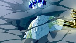 Rule 34 | androgynous, blue eyes, blue hair, blunt bangs, dust cloud, gender request, glowing, glowing eye, golden arms, heterochromia, houseki no kuni, phosphophyllite, phosphophyllite (ll), see-through, short hair, solo, solo focus, sparkle, spoilers, suna no wakusei (vocaloid), vocaloid, white eyes