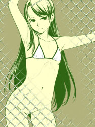 Rule 34 | 1girl, armpits, bikini, bikini top only, black hair, bottomless, censored, chain-link fence, collarbone, convenient censoring, fence, flat chest, green theme, hair ornament, ino (magloid), long hair, looking at viewer, mochizuki nonoka, monochrome, navel, no panties, otome function, ribs, ringed eyes, solo, swimsuit