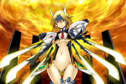 Rule 34 | 1girl, arc system works, blazblue, blonde hair, blue eyes, breasts, crotch plate, eiji (eiji), long hair, mu-12, navel, revealing clothes, solo, strapless bottom, underboob