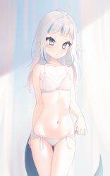 Rule 34 | 1girl, :o, absurdres, ahoge, bare arms, bare shoulders, blue eyes, blue hair, blue nails, blush, bra, breasts, cowboy shot, fingernails, fins, fish tail, gawr gura, gluteal fold, grey hair, highres, hololive, hololive english, long hair, looking at viewer, lucasyecla99, multicolored hair, nail polish, navel, panties, parted lips, shark girl, shark tail, sidelighting, small breasts, solo, standing, stomach, streaked hair, tail, thigh gap, underwear, underwear only, virtual youtuber, white bra, white panties