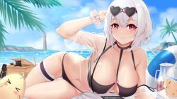 Rule 34 | 1girl, absurdres, azur lane, bare shoulders, beach, bikini, bird, black bikini, blue sky, blush, breasts, cat, chick, chitu hefeng zhong, cleavage, closed mouth, collarbone, cropped shirt, day, eyewear on head, hair between eyes, hand in own hair, highres, innertube, kitten, large breasts, lighthouse, looking at viewer, low twintails, lying, manjuu (azur lane), navel, ocean, on side, palm tree, picnic basket, pitcher (container), red eyes, scrunchie, see-through, short hair, short twintails, sirius (azur lane), sirius (scorching-hot seirios) (azur lane), sky, smile, sunglasses, swim ring, swimsuit, thigh strap, thighs, tree, twintails, white hair, white scrunchie, wrist scrunchie