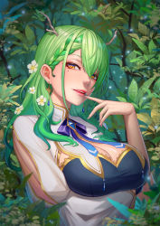 Rule 34 | 1girl, antlers, arm under breasts, bad id, bad pixiv id, bow, braid, braided bangs, breasts, ceres fauna, cleavage, cleavage cutout, clothing cutout, eyebrows hidden by hair, flower, green hair, hair behind ear, hair flower, hair ornament, highres, hololive, hololive english, horns, large breasts, leaf, lerio (leriodraws), looking at viewer, mole, mole under eye, parted lips, portrait, purple bow, single braid, virtual youtuber, white flower, yellow eyes