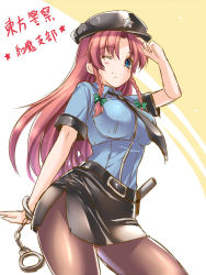 Rule 34 | 1girl, baton (weapon), belt, blue eyes, blush stickers, bow, braid, breasts, contemporary, cuffs, hair bow, handcuffs, hat, hong meiling, impossible clothes, impossible shirt, large breasts, long hair, miniskirt, monety, necktie, one eye closed, pantyhose, pencil skirt, police, police uniform, policewoman, red hair, salute, shirt, side slit, skirt, sleeves rolled up, smile, solo, star (symbol), touhou, translated, twin braids, uniform, weapon, wink