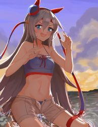 Rule 34 | 1girl, absurdres, animal ears, bikini, blue bikini, blue eyes, blue sky, breasts, cloud, cloudy sky, commentary, ear covers, english commentary, fang, grey hair, grey shorts, hair ornament, halterneck, headband, highres, horizon, horse ears, horse girl, long hair, looking at viewer, midriff, mixed-language commentary, navel, newtosapi, ocean, open fly, open mouth, orange sky, red headband, shorts, sitting, sky, small breasts, smile, solo, swimsuit, tamamo cross (umamusume), twilight, umamusume, wading, water, wet