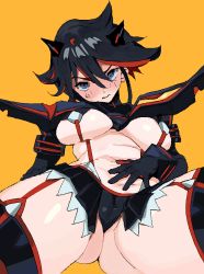 Rule 34 | 1girl, absurdres, ass, black gloves, black hair, black skirt, black thighhighs, blue eyes, blush, breasts, closed mouth, deep skin, garter straps, gloves, hair between eyes, hand on own stomach, highres, kill la kill, large breasts, looking at viewer, matoi ryuuko, multicolored clothes, multicolored gloves, multicolored hair, red gloves, red hair, senketsu, simple background, skirt, solo, streaked hair, sweat, thighhighs, two-tone gloves, whoopsatro, yellow background