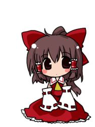 1girl animated animated_gif ascot blinking blush_stickers bow brown_eyes brown_hair chibi detached_sleeves female_focus full_body futami_yayoi hair_bow hakurei_reimu japanese_clothes lowres miko ponytail qvga shirt short_hair simple_background sitting skirt solo touhou white_background