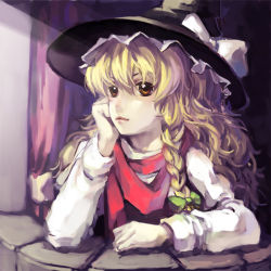 Rule 34 | 1girl, arm support, blonde hair, braid, brown eyes, head rest, face, female focus, hat, kirisame marisa, lips, long sleeves, messy hair, no lineart, perfect cherry blossom, red scarf, sankusa, scarf, side braid, solo, touhou, wavy hair, witch, witch hat